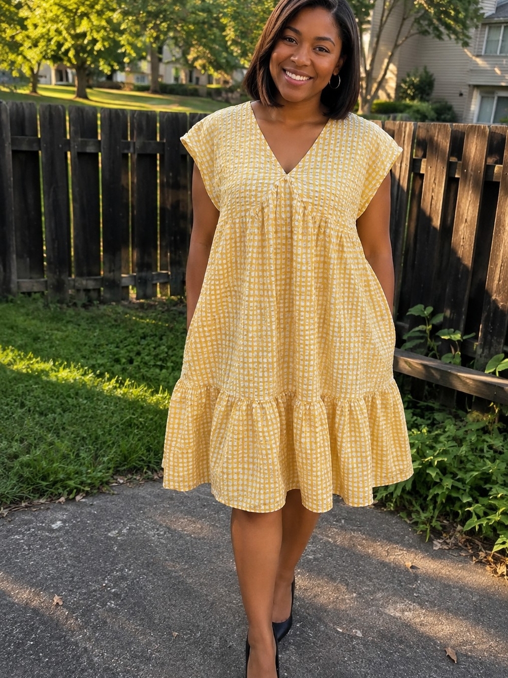 Time and Tru Yellow Gingham V-Neck Tiered Mini Dress